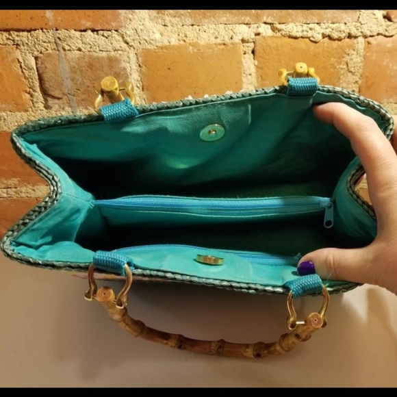 VINTAGE WOVEN STRAW PURSE TOTE BAG RAINBOW BAMBOO 90S Y2K RAVE SUMMER EASTER ๐ - Picture 7 of 10